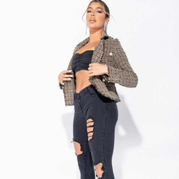 Brown Plaid Check Tweed Long Sleeve Double Breasted Frayed Hem Blazer Jacket - Picture 7 of 9